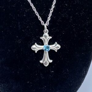 JAMES AVERY Blue Topaz Sterling Silver Fleuree Cross Pendant Necklace; RETIRED